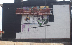gta v cover art ad in nyc being painted 2